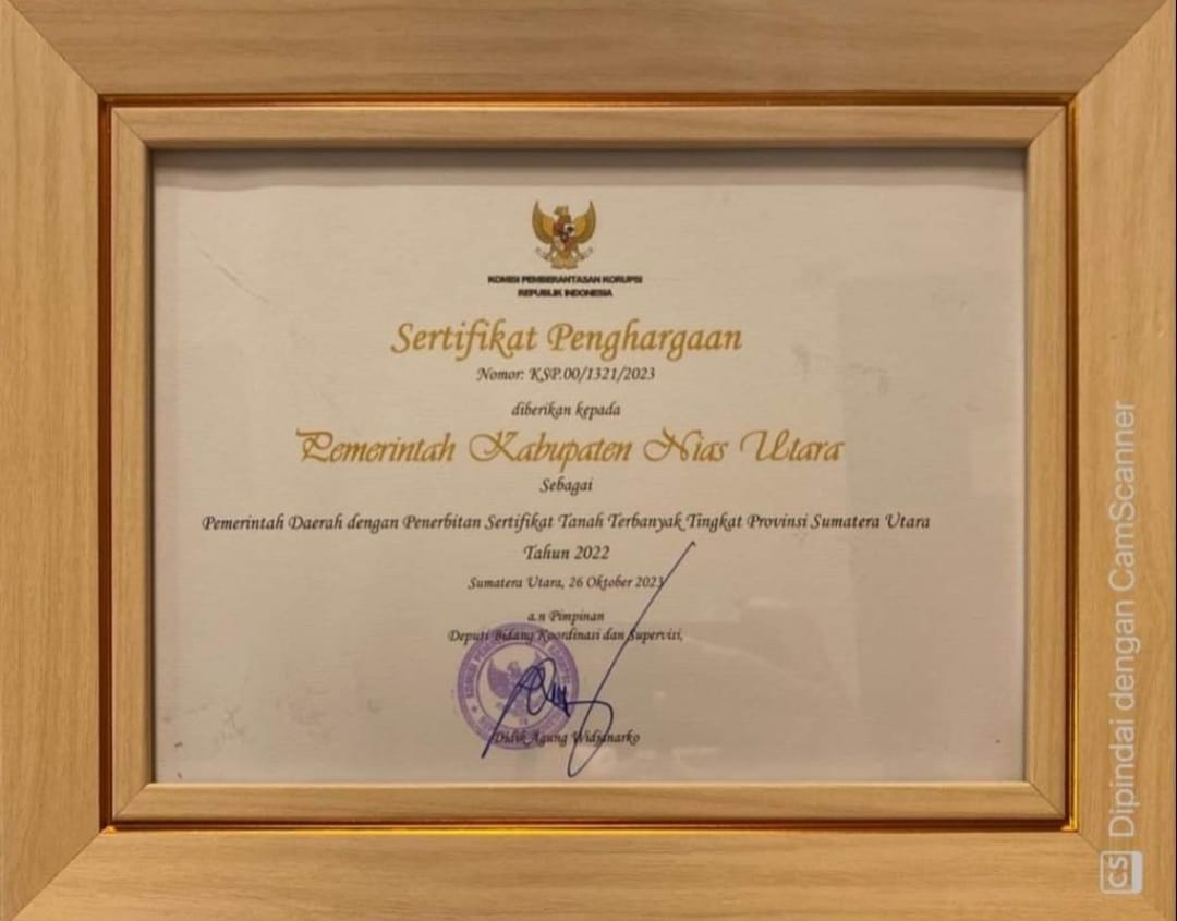 Pemkab Nias Utara Terima Penghargaan, Penerbitan Sertifikat Tanah Terbanyak Tingkat Provsu