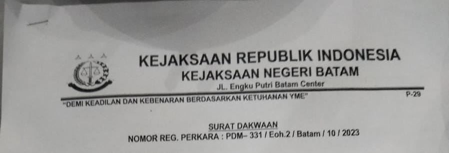Surat Pembacaan Dakwaan Pelaku Penipuan telah Keluar dari Kejaksaan Negeri Batam, Oliver dan Siti Masih Tanda Tanya