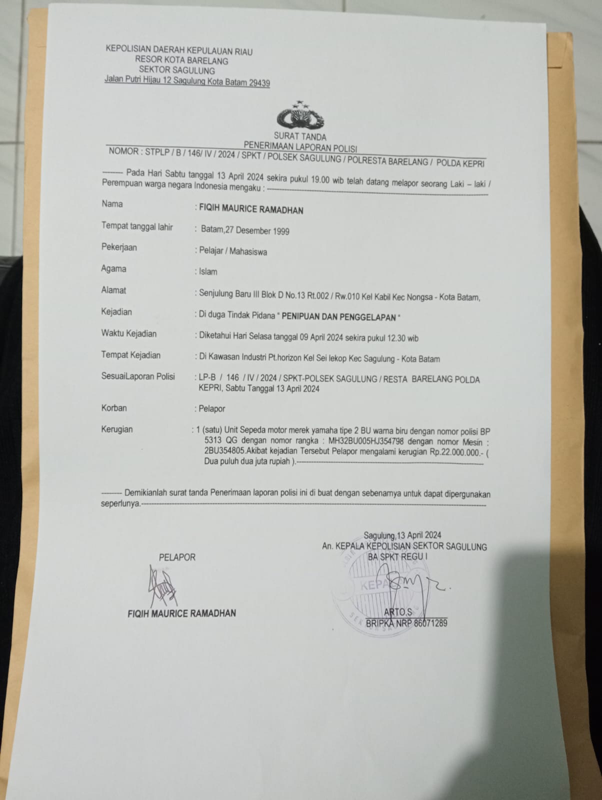 Team LIBAS DPW Kepri Apresiasi Respon Cepat Kapolsek Sagulung dalam Memproses LP Dugaan Penggelapan Motor