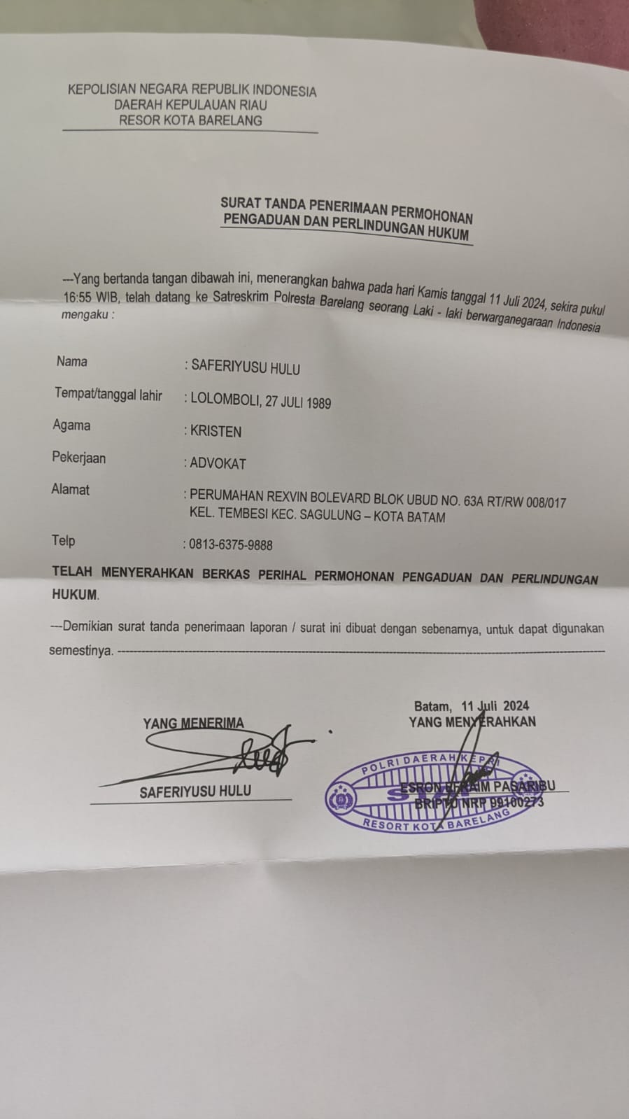 Pengacara muda, Saferiyusu Hulu, SH, MH, resmi melaporkan segerombolan orang, yang mengaku dari Organisasi GRIB, yang di bawah naungan Hercules
