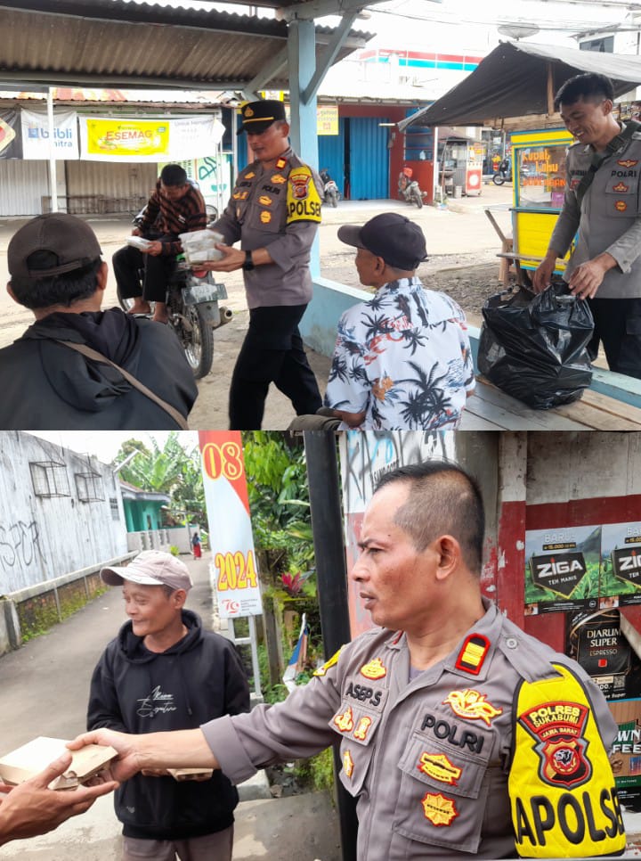 Polsek Nagrak Polres Sukabumi Beserta Anggota Laksanakan Jum,at Berkah Berbagi Makan Gratis kepada Masyarakat dan Tukang OJOL