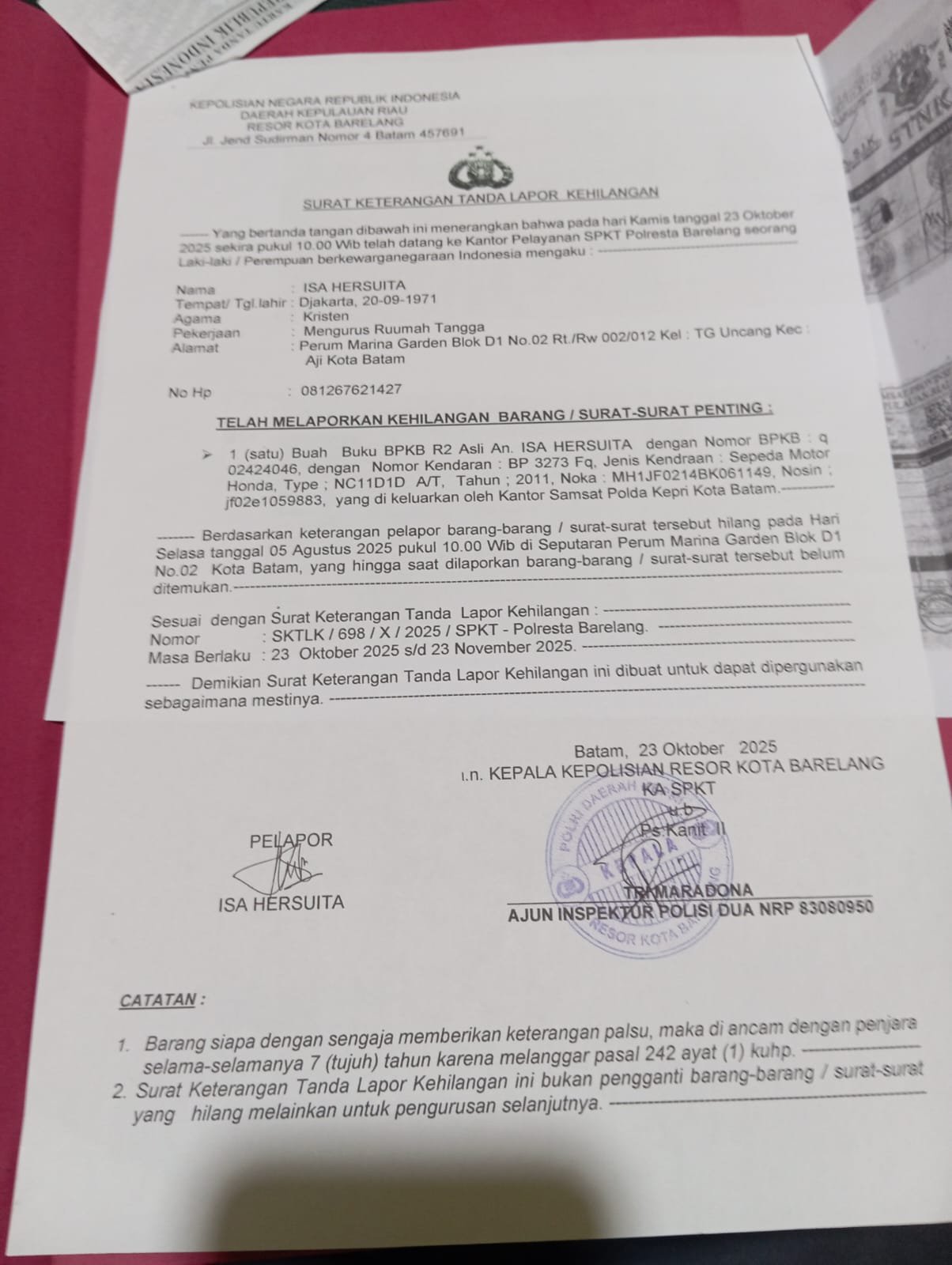 Kehilangan BPKB R2 Atas Nama Isa Hersuita, BP 3273 FQ Warga Perum Marina Garden, Batu Aji Kota Batam  Kehilangan BPKB R2 Atas Nama Isa Hersuita, BP 3273 FQ Warga Perum Marina Garden, Batu Aji Kota Batam