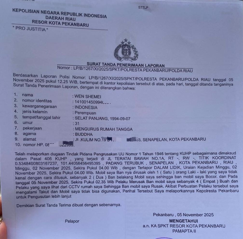 Ban Mobil Wen Shemei Diduga Dirusak oleh OTK, Korban Lapor ke Polresta Pekanbaru, Diminta Pelaku Ditangkap