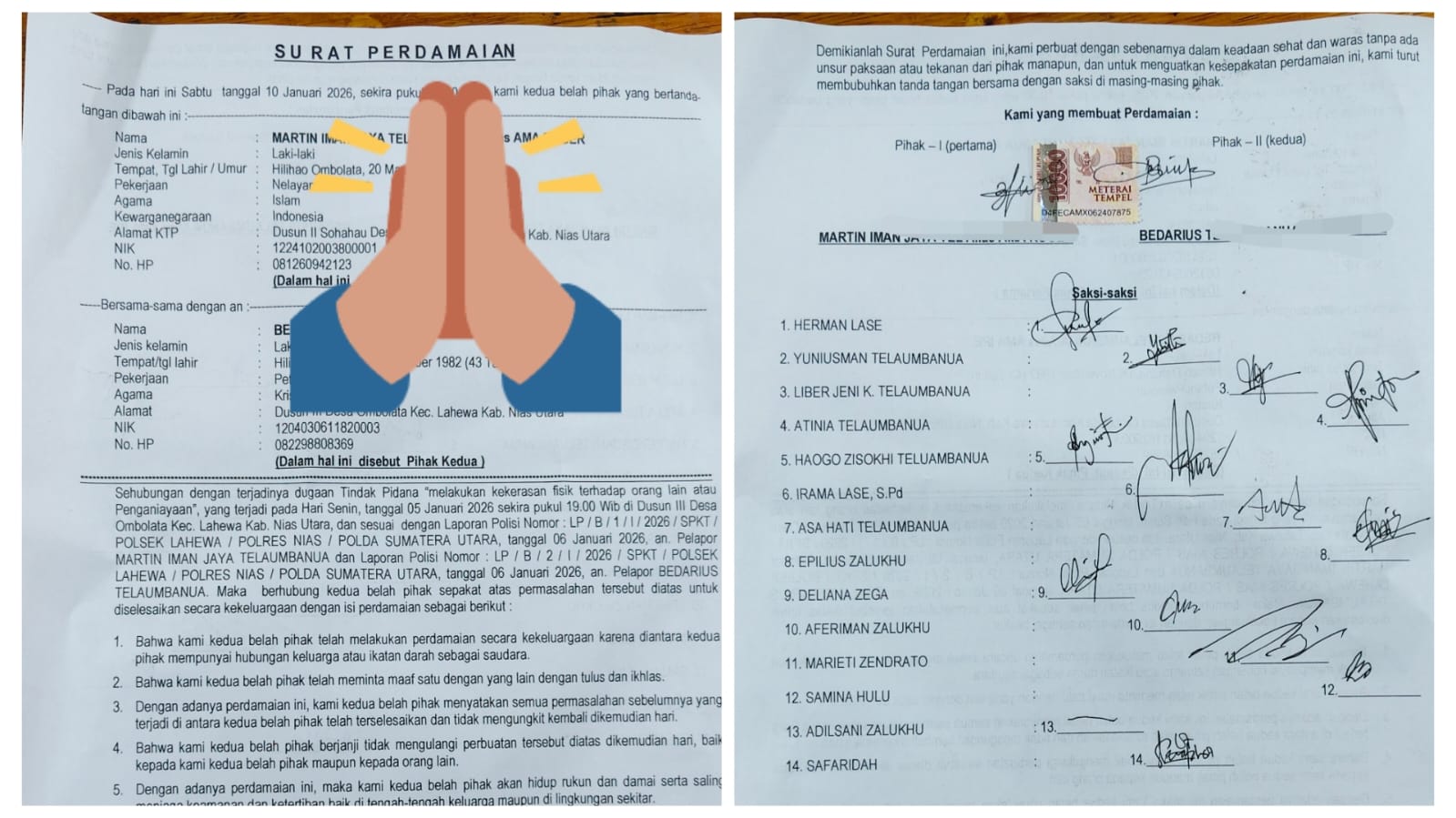 Terlapor Dugaan Penyerangan di Desa Ombolata Berakhir dengan Permintaaan Maaf, Restorative Justice Diselesaikan dengan Perdamaian